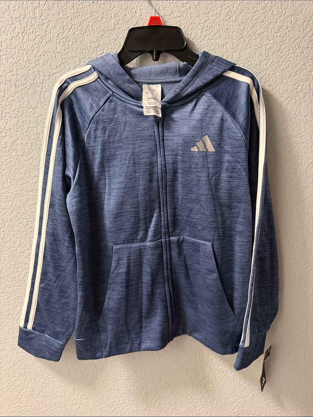 adidas Blue Hooded Full-Zip Kids Jacket with White Stripes size 10-12